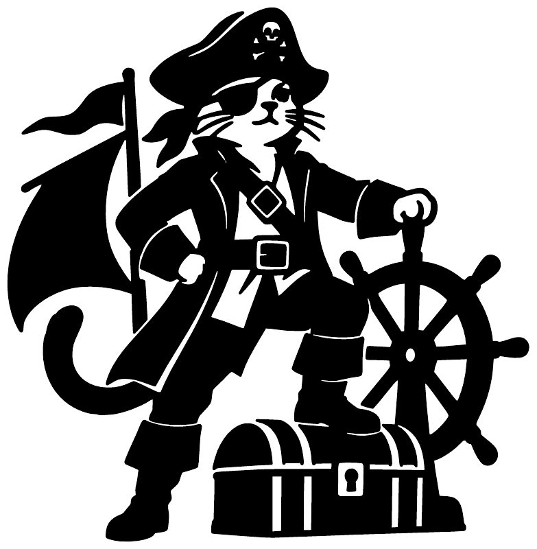 Black pirate cat captain vinyl decal holding cutlass with ship wheel and treasure chest