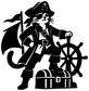 Black pirate cat captain vinyl decal holding cutlass with ship wheel and treasure chest