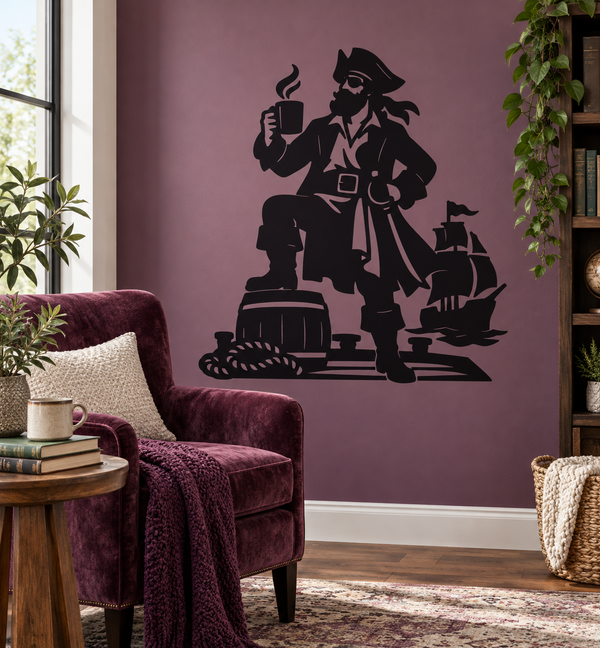 Pirate captain vinyl decal: black silhouette holding coffee mug, ship and map