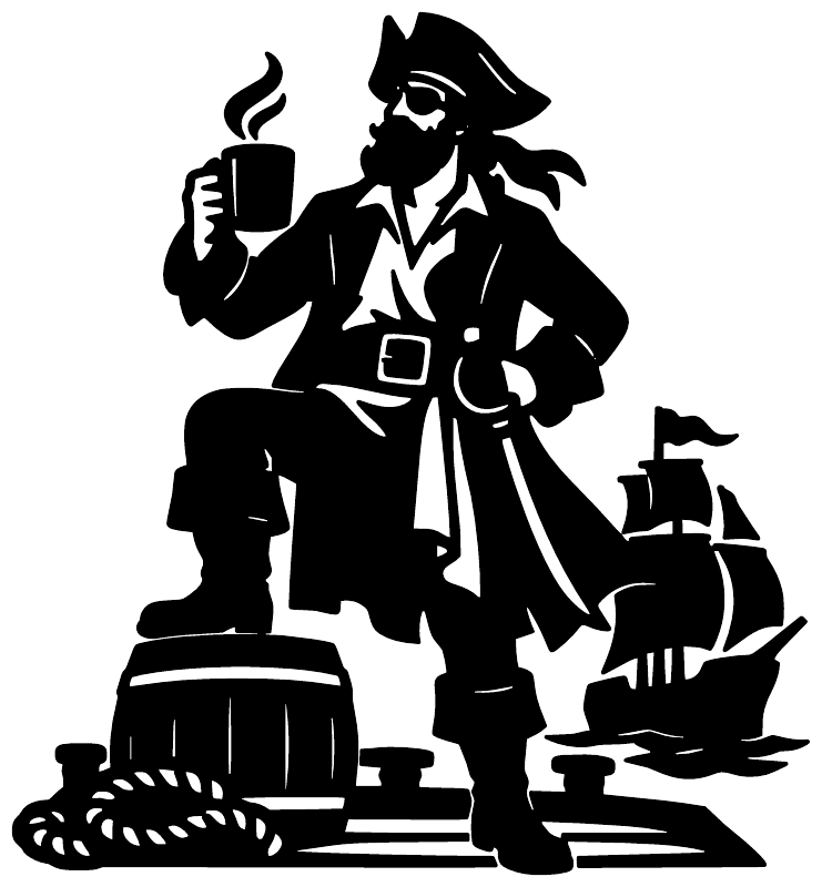Pirate captain vinyl decal: black silhouette holding coffee mug with ship