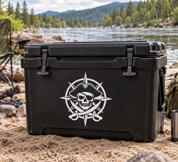 Skull compass crest vinyl decal with white skull-and-compass pirate emblem
