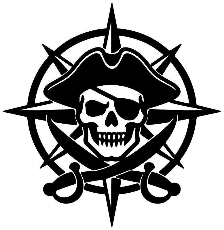 Skull compass crest vinyl decal logo, black-and-white pirate skull with cutlasses