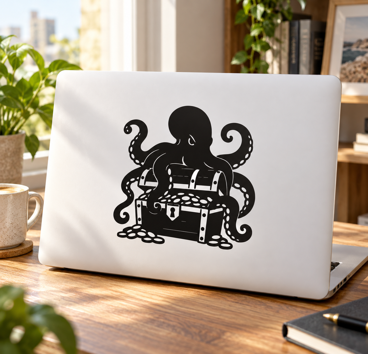 Vinyl octopus and treasure chest decal, black design on a light surface