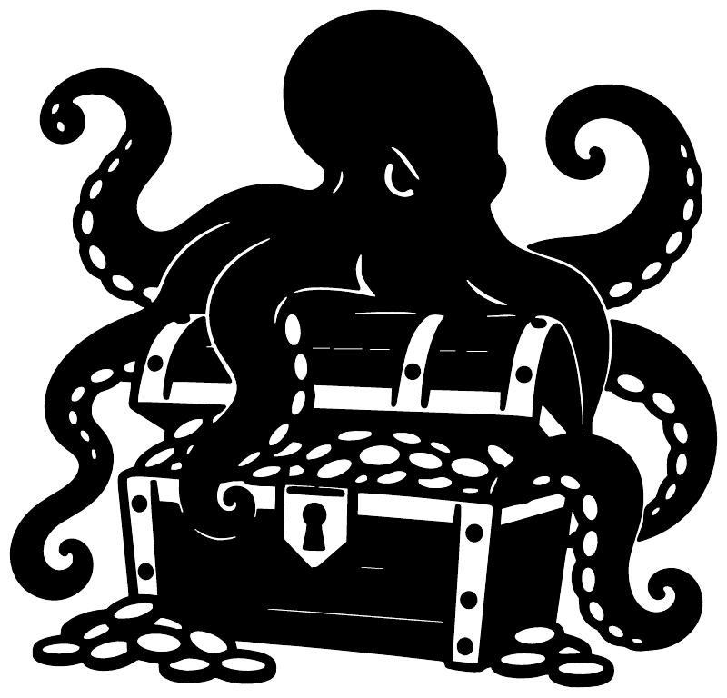 Octopus tentacles wrapped around a treasure chest vinyl decal, bold black graphic