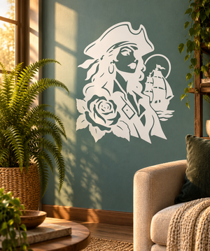Pirate rose portrait vinyl decal with two pirates and a rose flower, light-colored