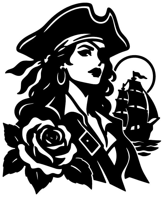 Black pirate rose portrait vinyl decal with two pirates and a blooming rose