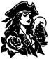 Black pirate rose portrait vinyl decal with two pirates and a blooming rose