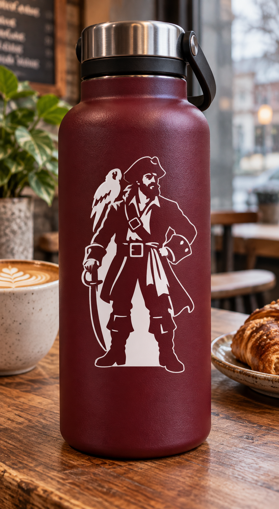Maroon vinyl bottle decal of pirate captain with parrot on shoulder, PirateCX007