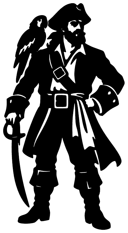 Black pirate captain vinyl decal with parrot on shoulder, PirateCX007