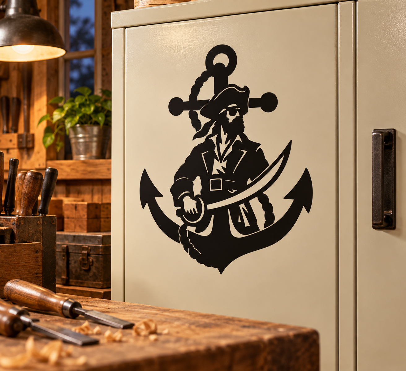 Pirate anchor emblem vinyl decal, black pirate holding anchor on shield shape