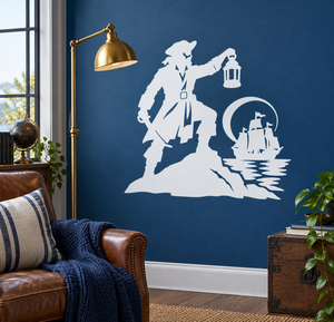 Pirate lantern watch vinyl decal: white pirate silhouette holding a lantern, circular watch motif