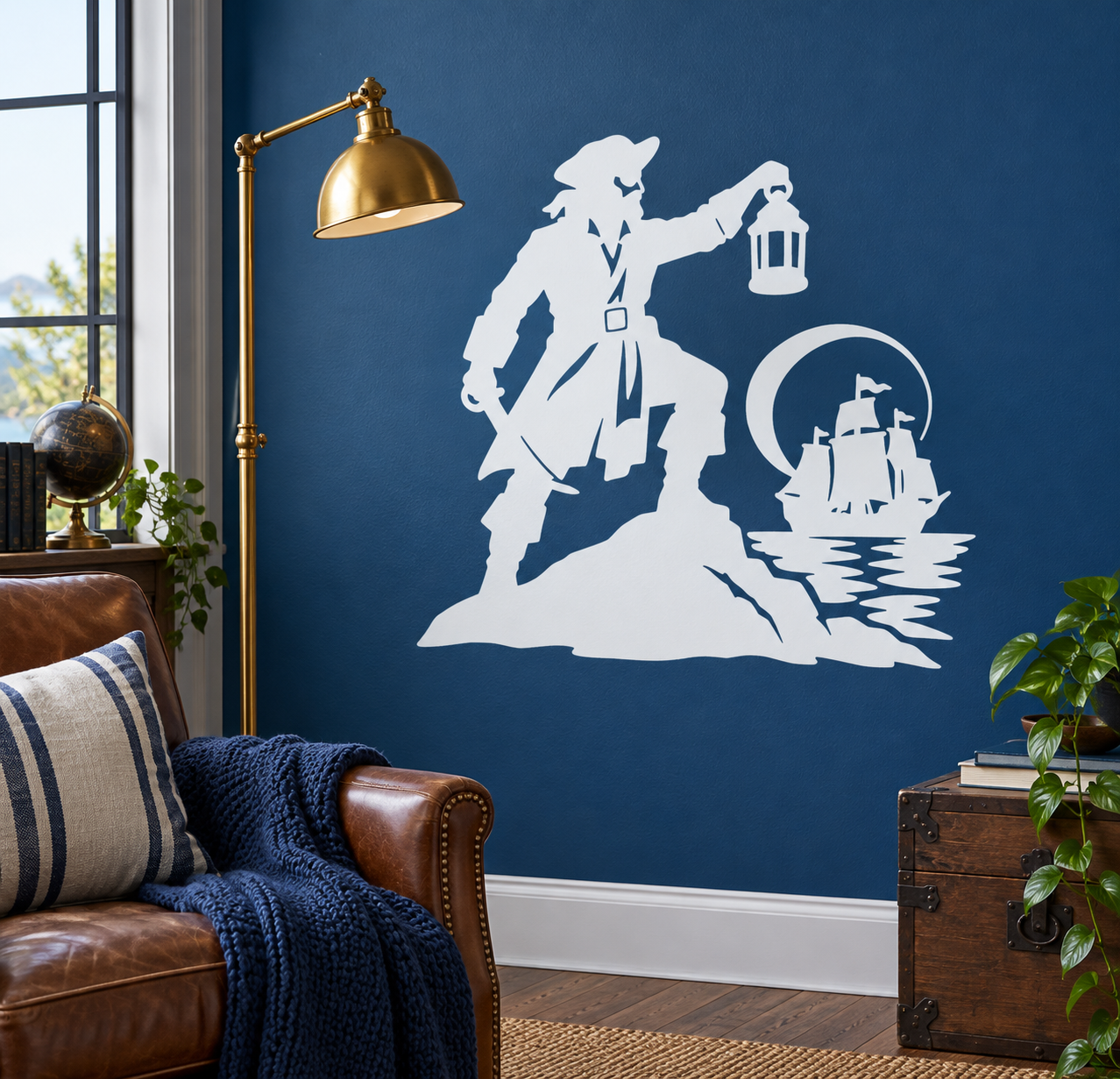 Pirate lantern watch vinyl decal: white pirate silhouette holding a lantern, circular watch motif