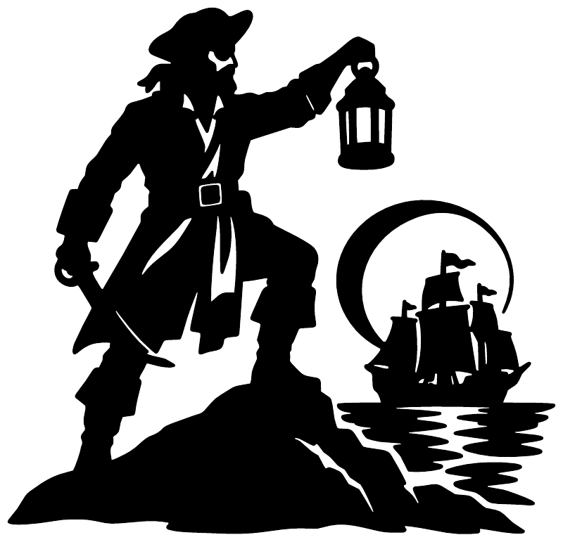 Pirate lantern watch vinyl decal: black pirate holding a lantern with circular watch and ship