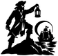 Pirate lantern watch vinyl decal: black pirate holding a lantern with circular watch and ship