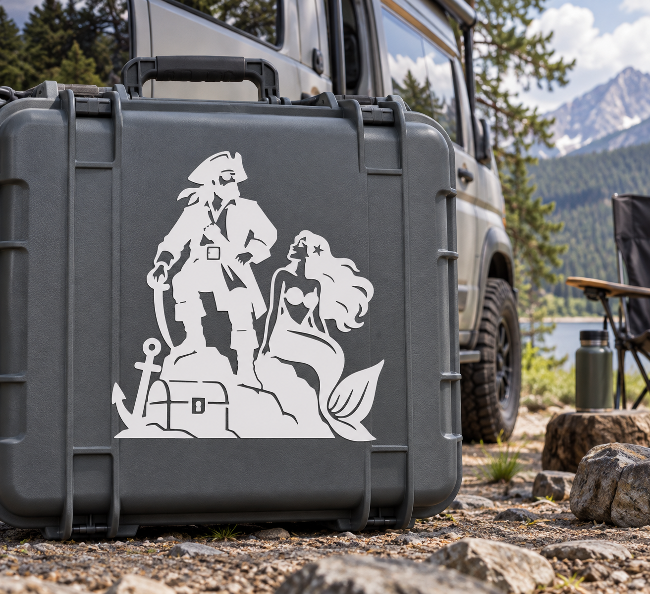 Pirate and mermaid vinyl decal with anchor, sword, and wave tail; black-and-white silhouette
