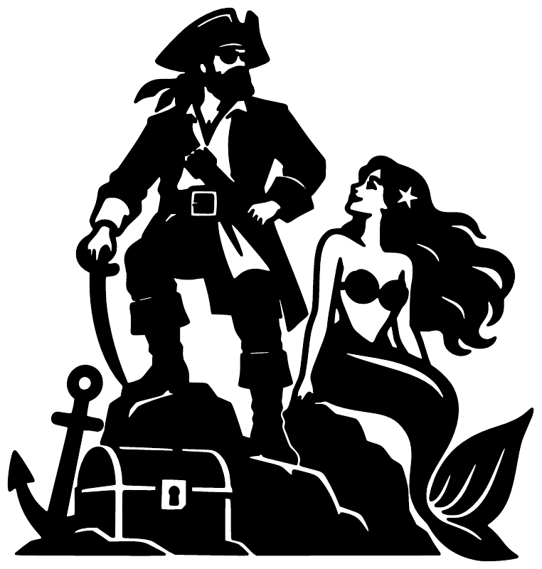Black pirate and mermaid vinyl decal silhouette with anchor, tricorn hat, and star in hair