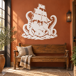 Pirate ship silhouette vinyl decal with kraken tentacles, white