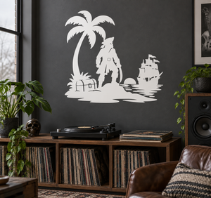 White pirate sailor with palm tree and ship vinyl wall decal