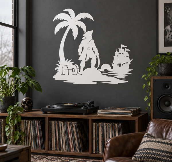 White pirate sailor with palm tree and ship vinyl wall decal