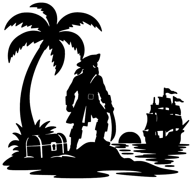 Black pirate scene vinyl decal silhouette with palm tree and sailing ship