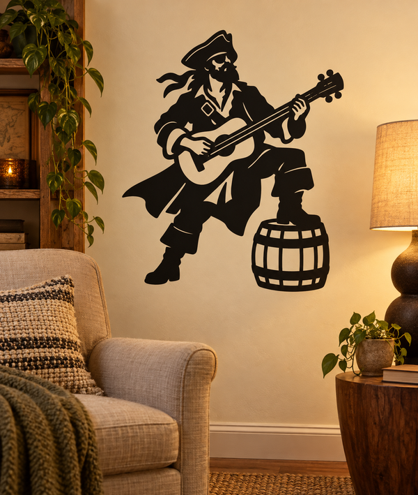Pirate guitarist vinyl decal: black pirate playing electric guitar with barrel accessory