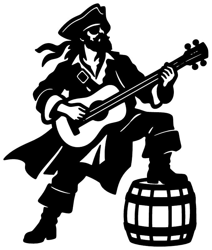 Pirate guitarist vinyl decal, black silhouette pirate with guitar and barrel on white