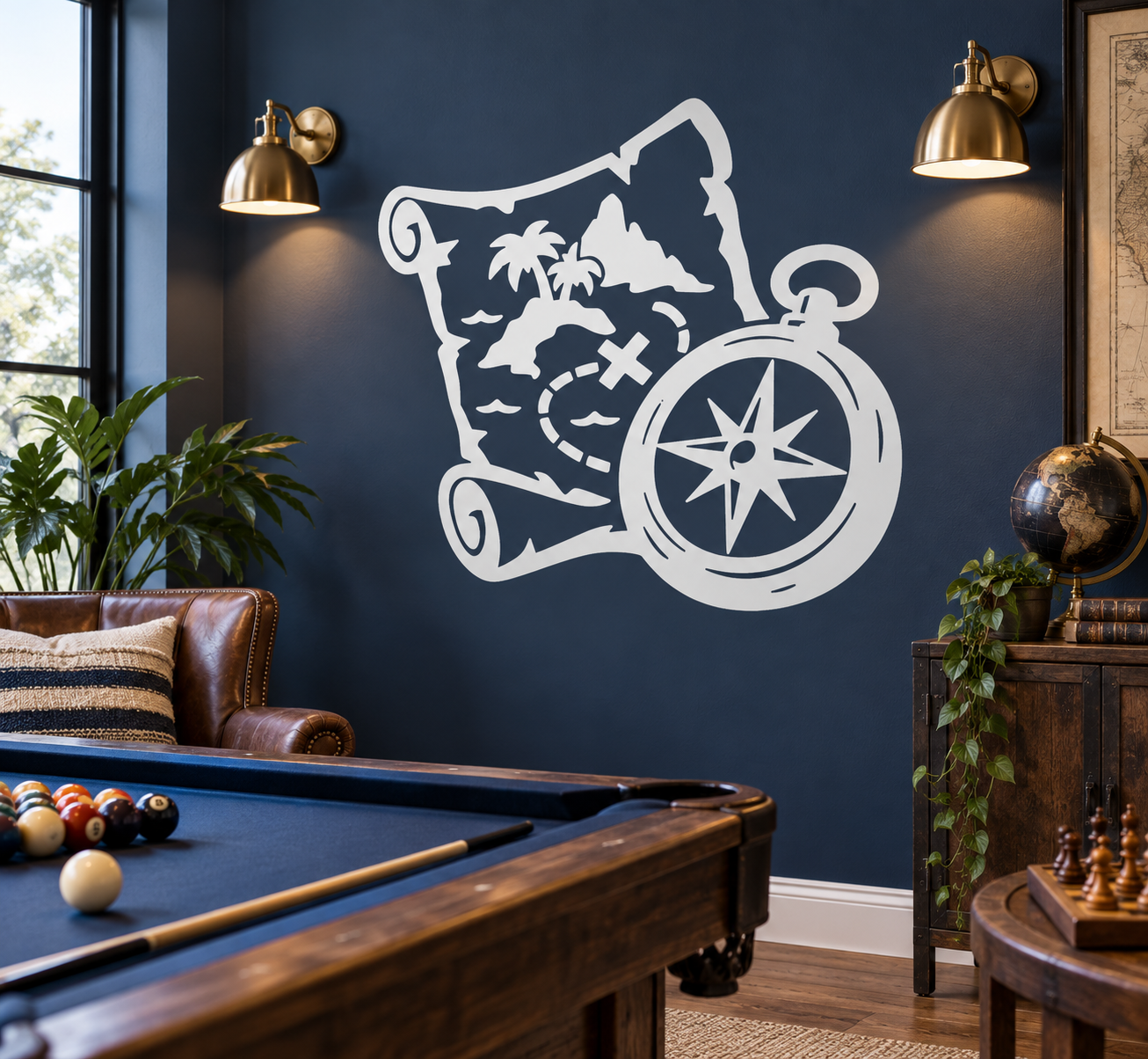 Treasure map compass vinyl decal with pirate map and round compass, light gray