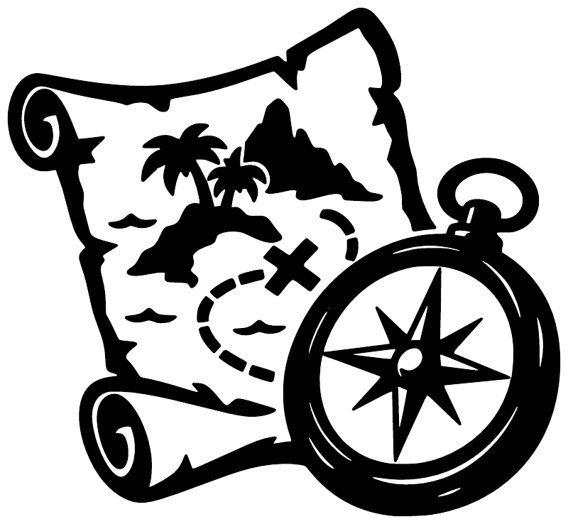Treasure map compass vinyl decal of pirate map and compass, bold black outline