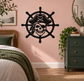 Pirate skull ship wheel vinyl decal, black design with crossed bones