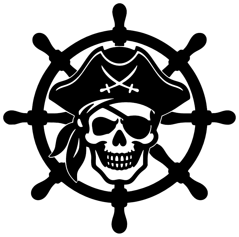 Close-up pirate skull ship wheel vinyl decal in black with eyepatch