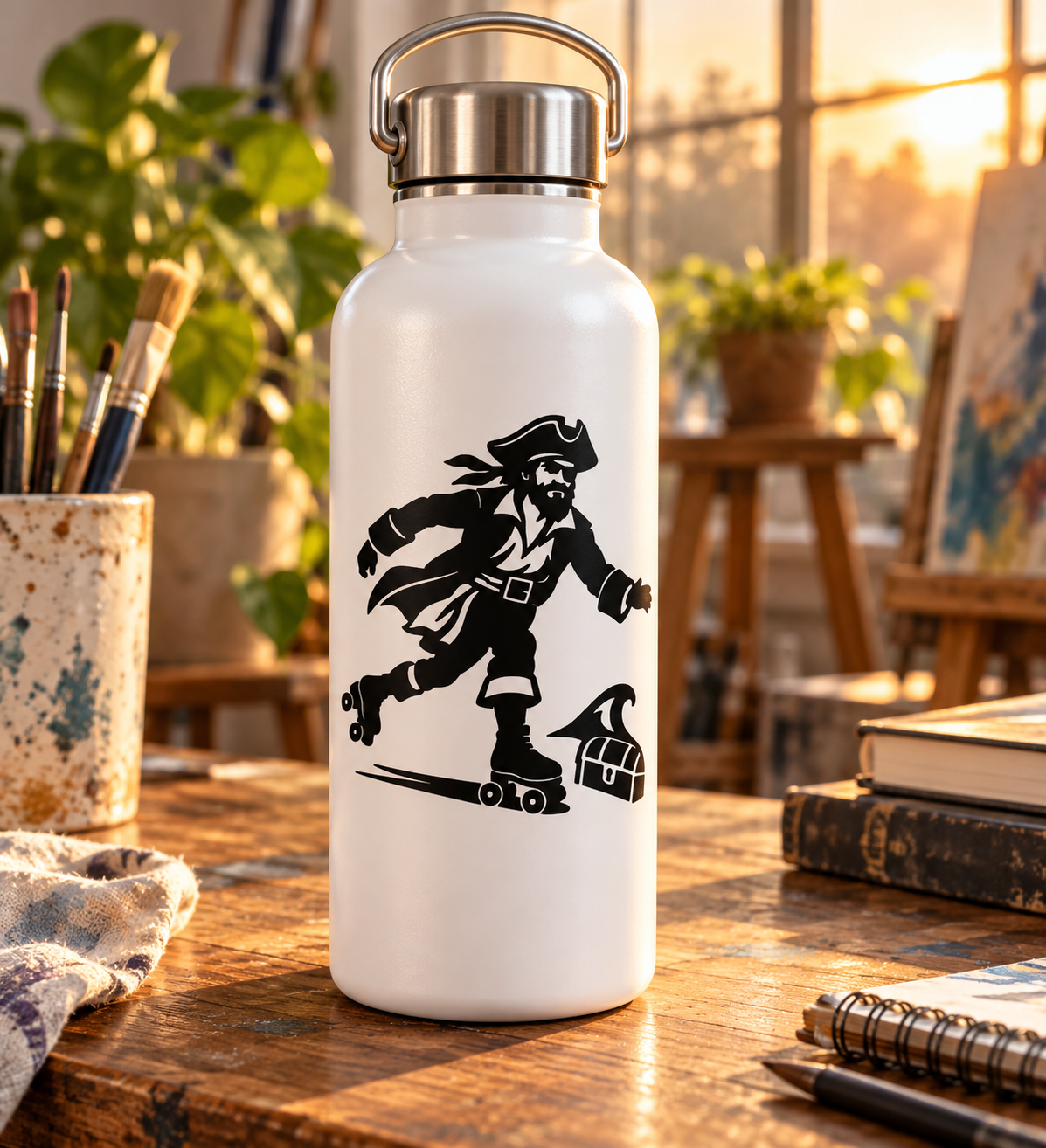 Pirate roller skater vinyl decal featuring a pirate with hat, sword, and tool bag