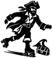 Black pirate on roller skates vinyl decal with sword and tool bag on white background
