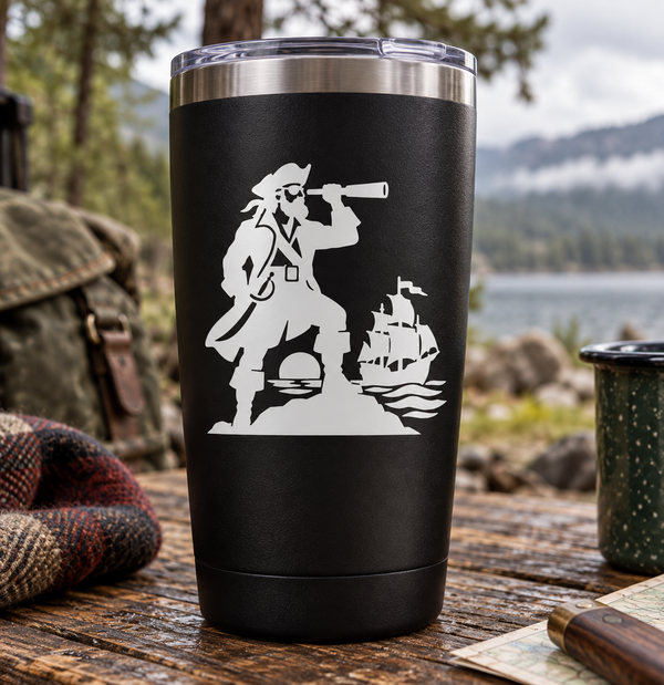 Black tumbler with white pirate captain decal holding telescope and sailing ship silhouette