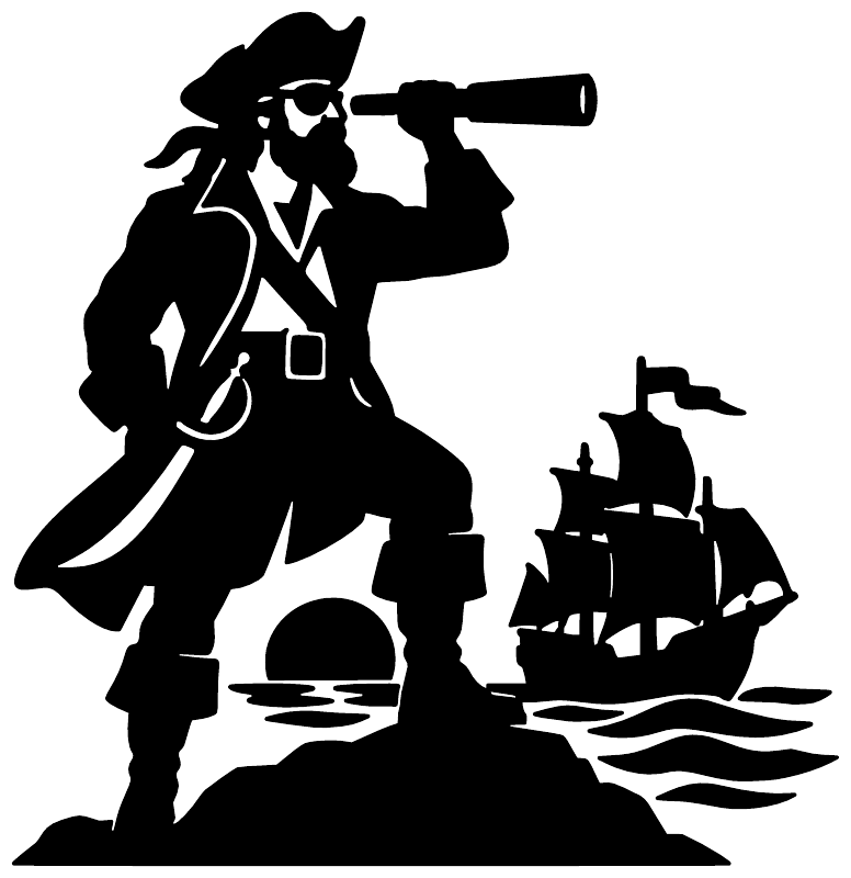 Black pirate captain vinyl decal silhouette with telescope and small sailing ship