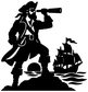 Black pirate captain vinyl decal silhouette with telescope and small sailing ship