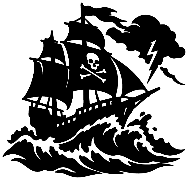 Pirate ship vinyl decal close-up: black skull ship, lightning cloud, and roiling waves