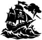 Pirate ship vinyl decal close-up: black skull ship, lightning cloud, and roiling waves