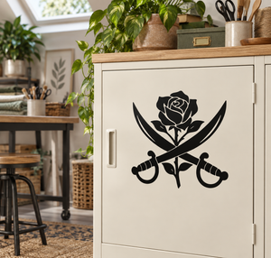 Black rose and crossed sabers vinyl decal on a cabinet door