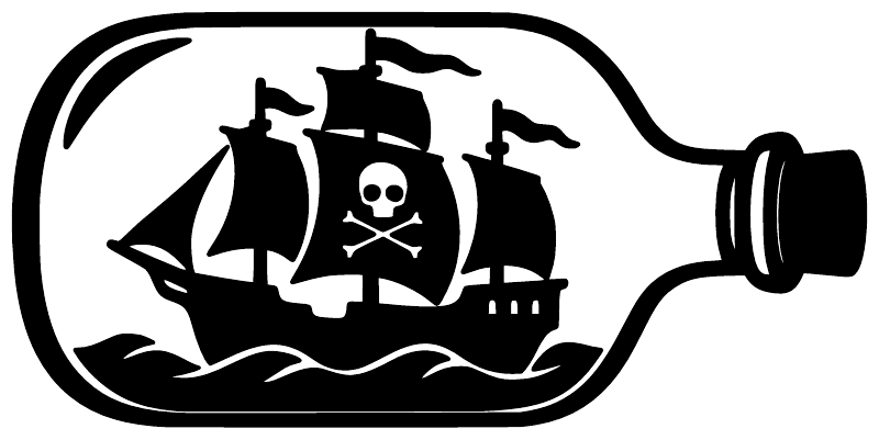 Black pirate ship silhouette vinyl decal with skull, sails, and bottle-shape outline