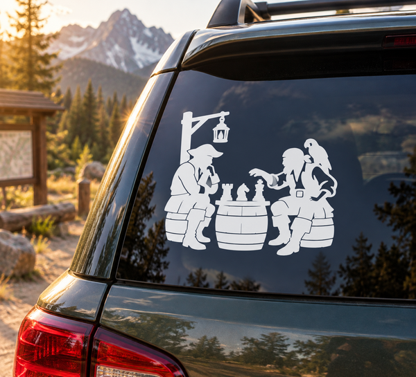 Pirate chess night vinyl decal: white pirate silhouettes playing chess with lantern