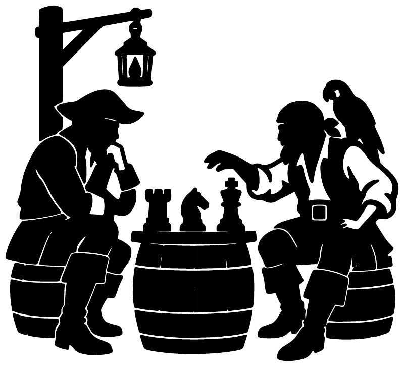 Pirate chess night vinyl decal in black silhouette: pirates playing chess with lantern
