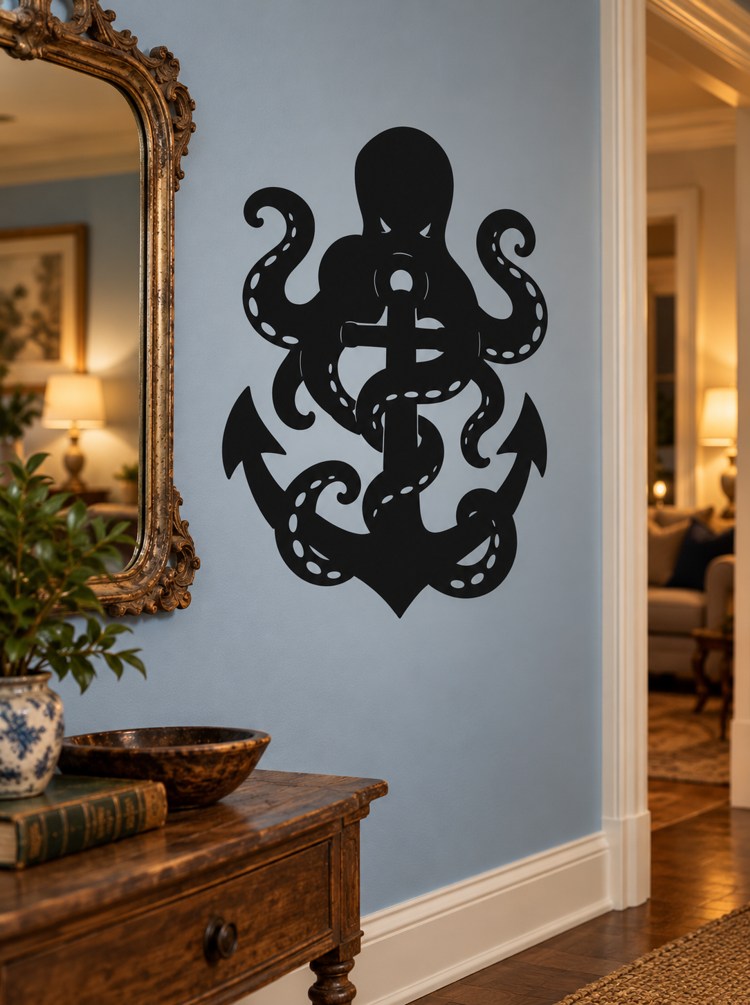Octopus anchor guardian vinyl decal, black octopus holding an anchor