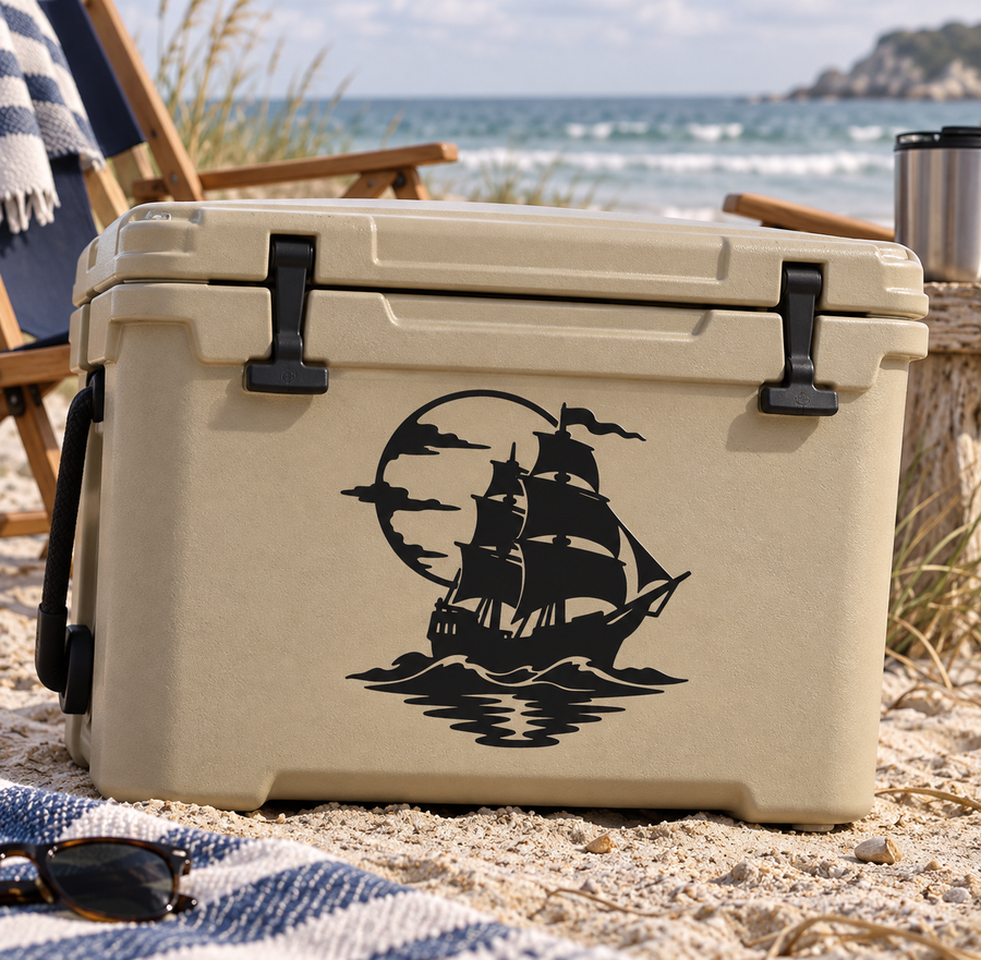 PirateCX028 — Moon and Tall Ship; illustrative application of the exact PDF artwork