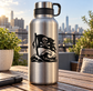 Pirate skull flag and waves vinyl decal, black design on a metal bottle
