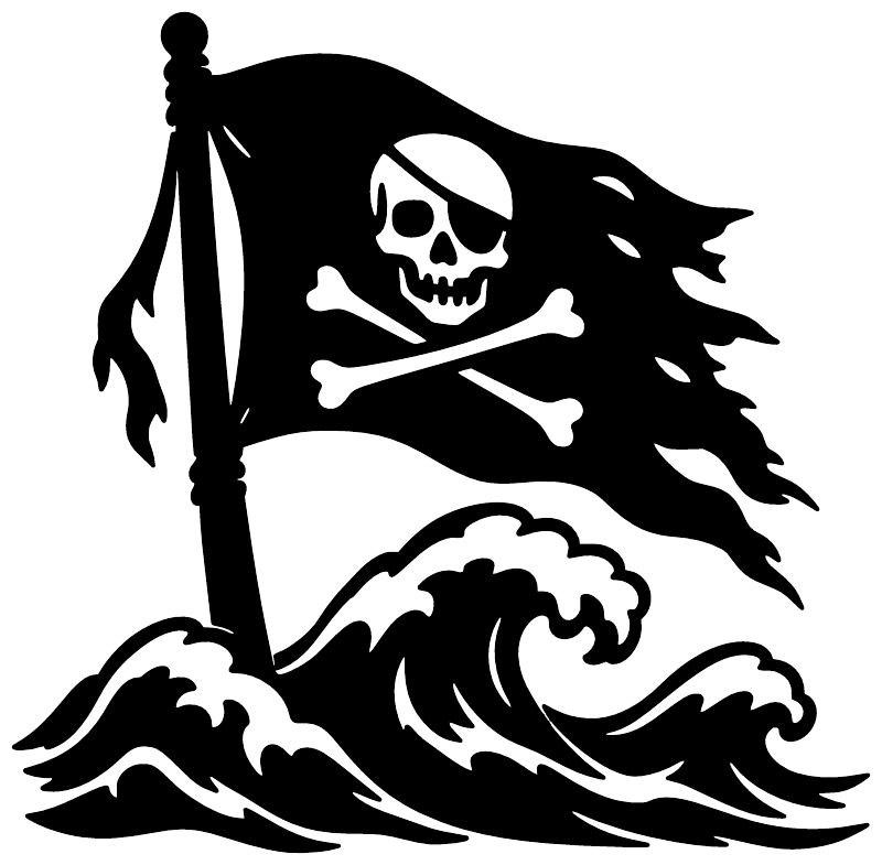 Pirate flag vinyl decal with skull, crossbones, and wave swirls in black