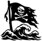 Pirate flag vinyl decal with skull, crossbones, and wave swirls in black