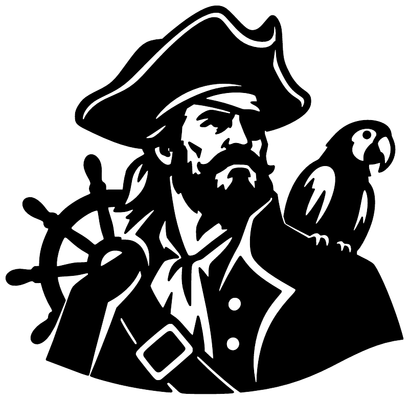 Pirate captain portrait vinyl decal close-up, black silhouette with hat, wheel and parrot