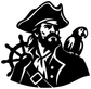 Pirate captain portrait vinyl decal close-up, black silhouette with hat, wheel and parrot