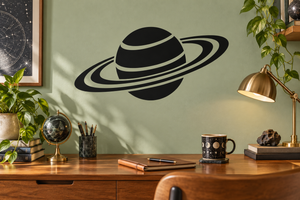 Ringed planet vinyl decal, black planet with white stripes and curved Saturn-style rings