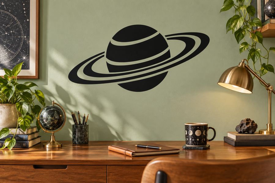 Ringed planet vinyl decal, black planet with white stripes and curved Saturn-style rings